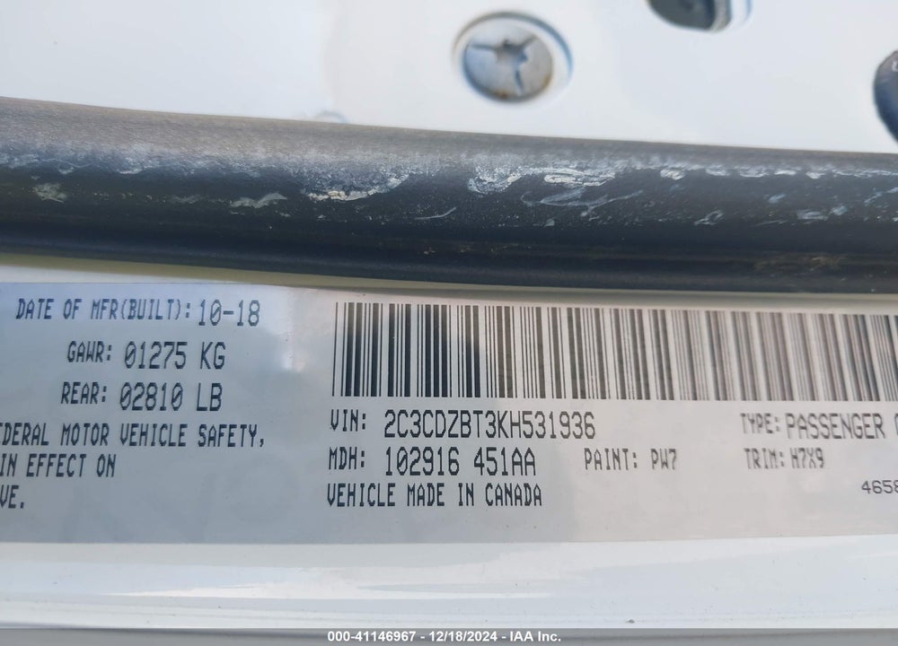 2019 DODGE CHALLENGER R/T VIN: 2C3CDZBT3KH531936