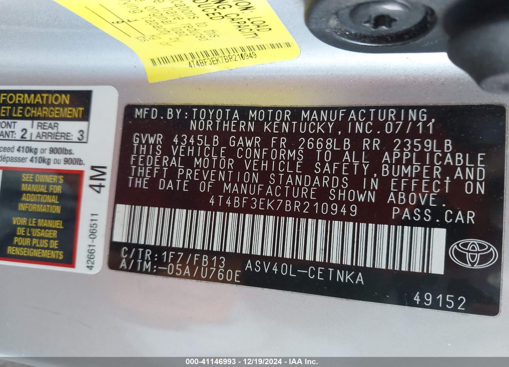 2011 TOYOTA CAMRY LE VIN: 4T4BF3EK7BR210949