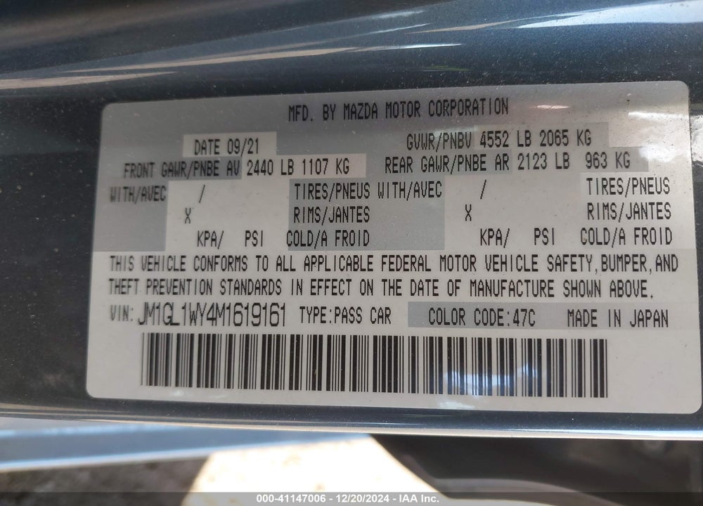 2021 MAZDA MAZDA6 VIN: JM1GL1WY4M1619161
