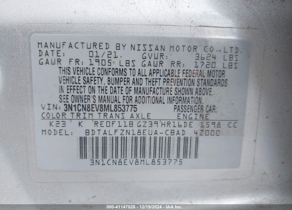 2021 NISSAN VERSA VIN: 3N1CN8EV8ML853775