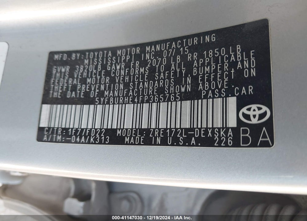 2015 TOYOTA COROLLA S PLUS VIN: 5YFBURHE4FP365765