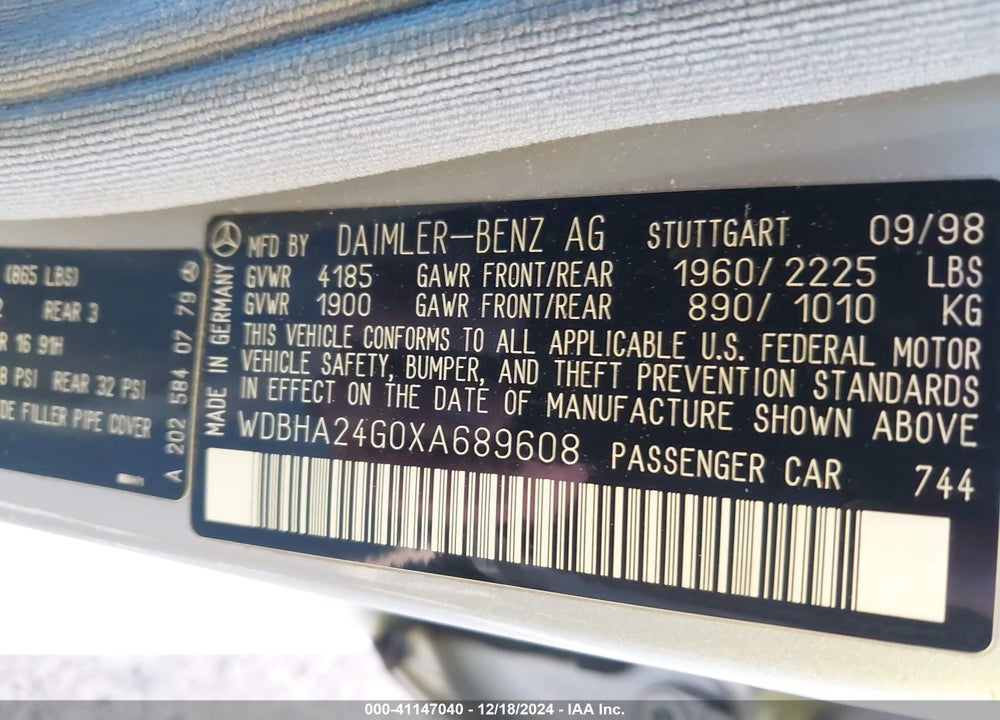 1999 MERCEDES-BENZ C 230 KOMPRESSOR VIN: WDBHA24G0XA689608