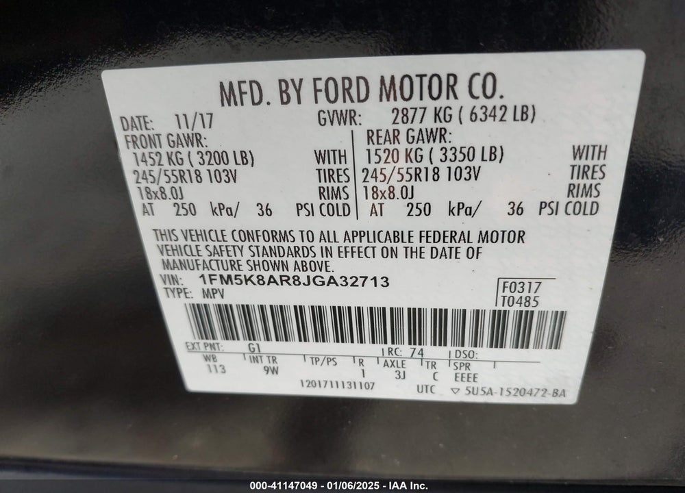 2018 FORD POLICE INTERCEPTOR VIN: 1FM5K8AR8JGA32713