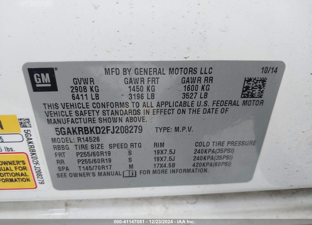 2015 BUICK ENCLAVE LEATHER VIN: 5GAKRBKD2FJ208279