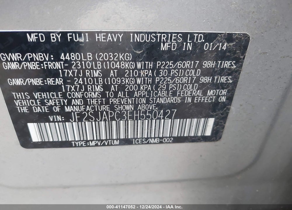 2014 SUBARU FORESTER VIN: JF2SJAPC3EH550427