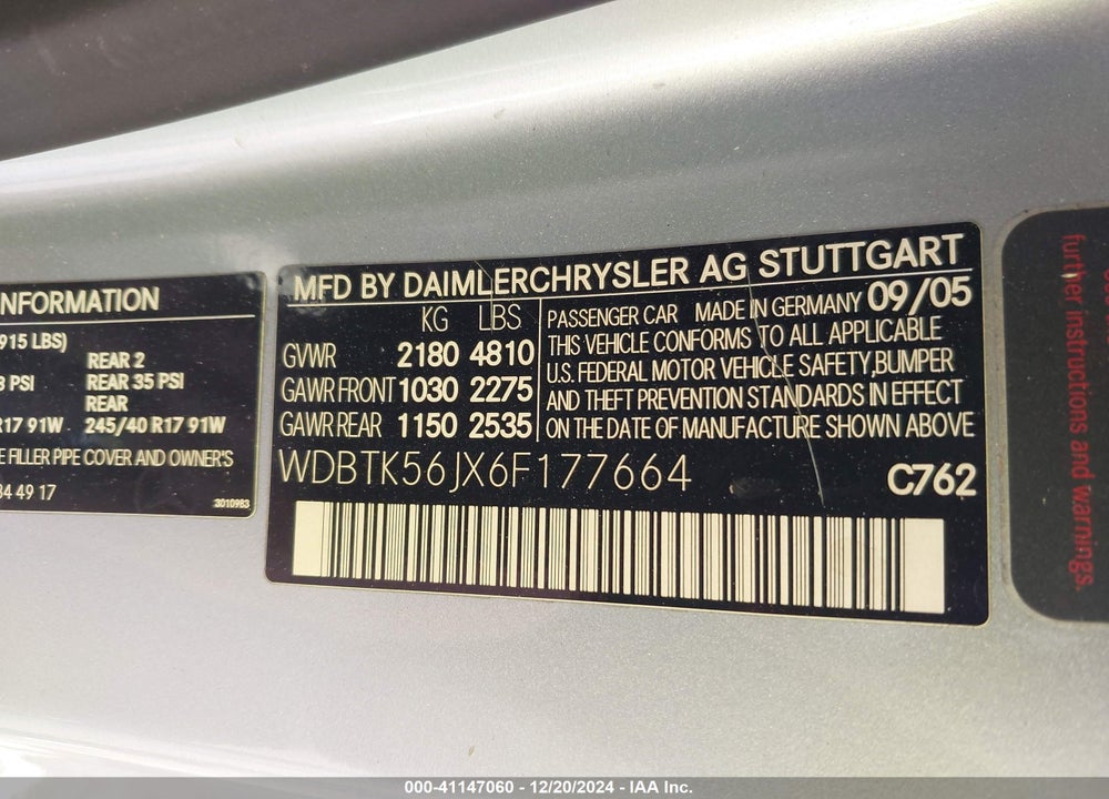 2006 MERCEDES-BENZ CLK 350 VIN: WDBTK56JX6F177664