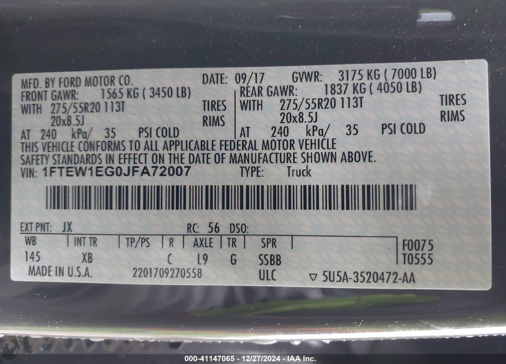 2018 FORD F-150 VIN: 1FTEW1EG0JFA72007