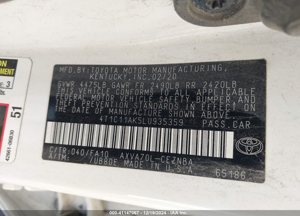 2020 TOYOTA CAMRY LE VIN: 4T1C11AK5LU935359