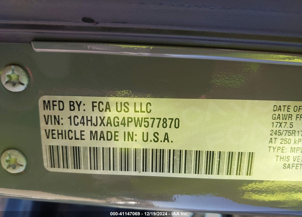 2023 JEEP WRANGLER 2-DOOR SPORT S 4X4 VIN: 1C4HJXAG4PW577870