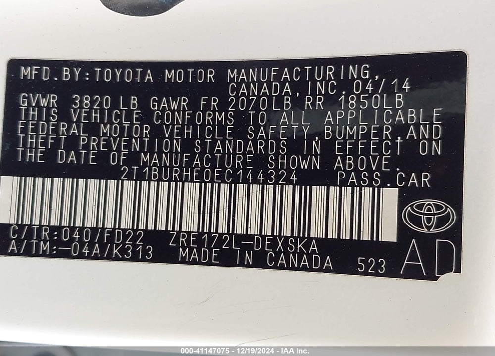 2014 TOYOTA COROLLA VIN: 2T1BURHE0EC144324