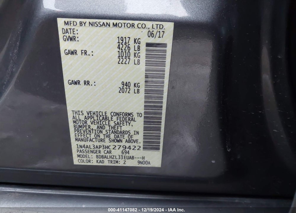 2017 NISSAN ALTIMA 2.5 SR VIN: 1N4AL3AP3HC279422