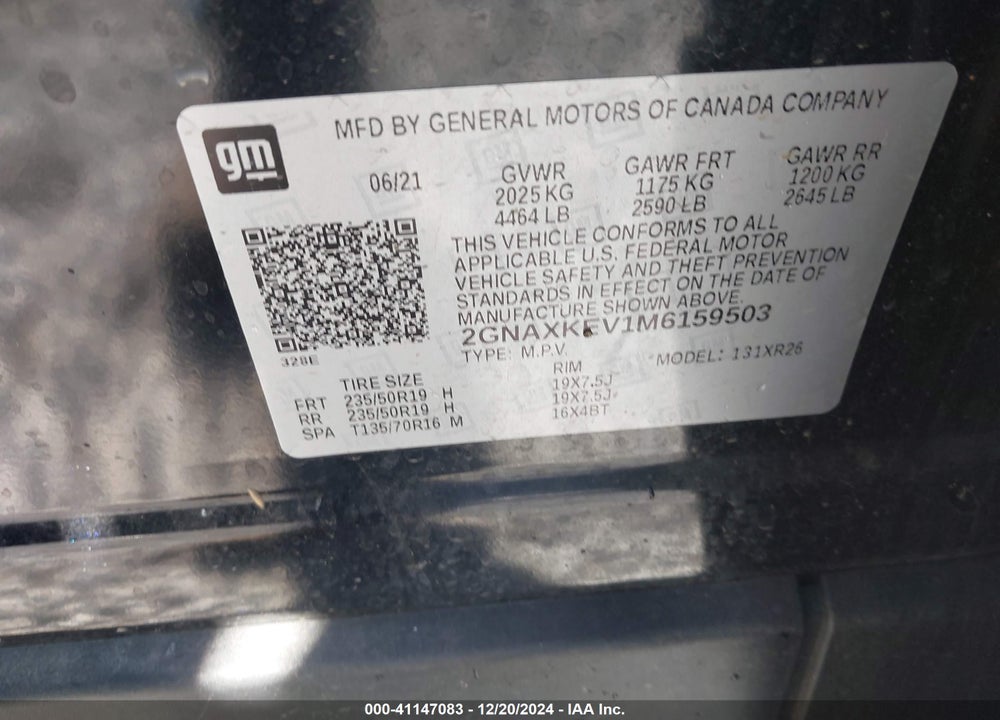 2021 CHEVROLET EQUINOX FWD LT VIN: 2GNAXKEV1M6159503
