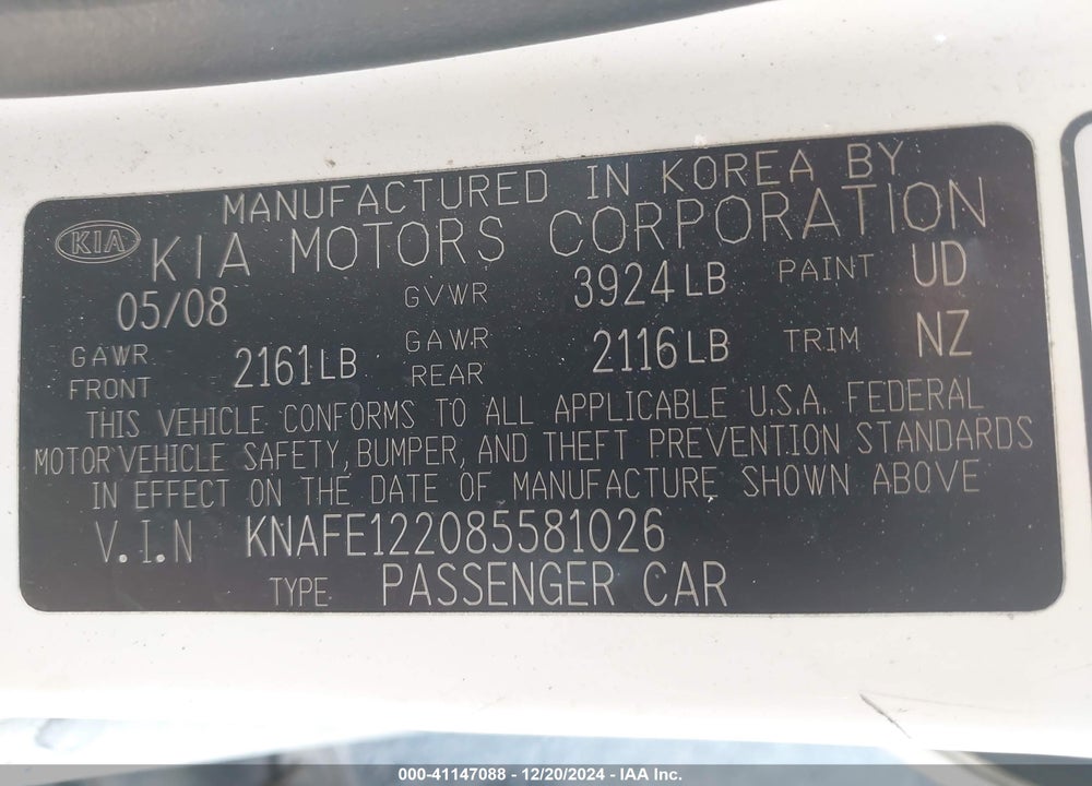 2008 KIA SPECTRA EX VIN: KNAFE122085581026