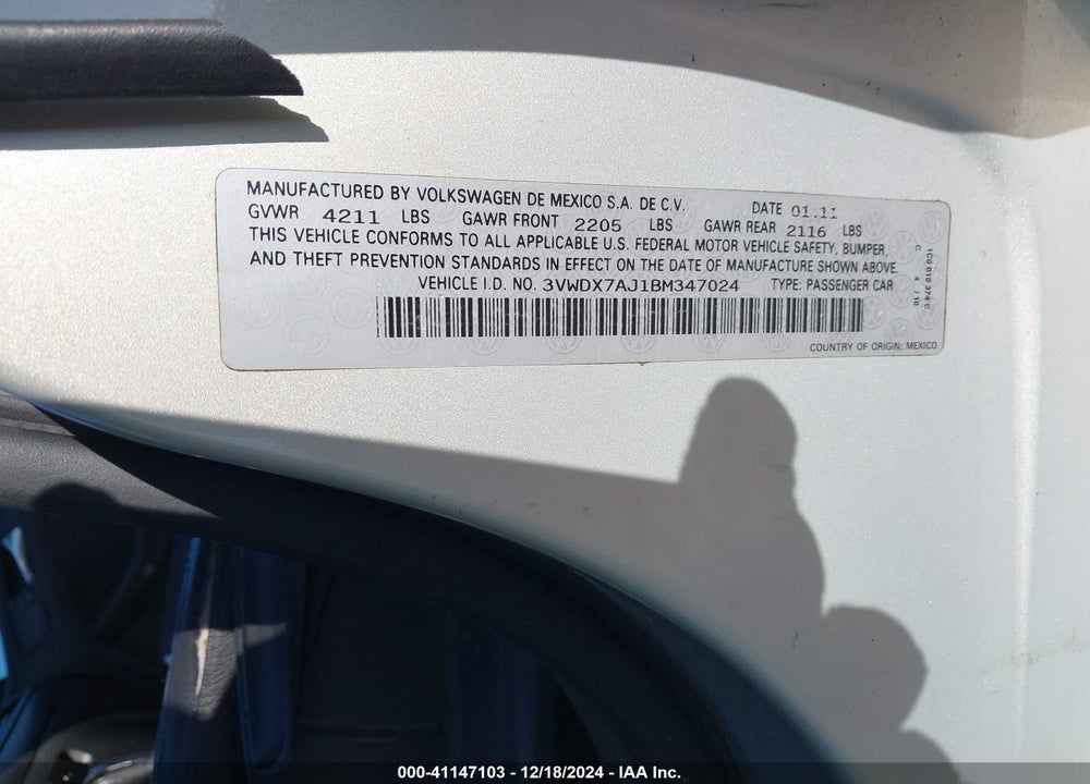 2011 VOLKSWAGEN JETTA VIN: 3VWDX7AJ1BM347024