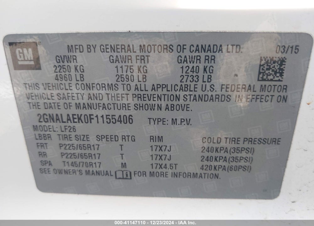 2015 CHEVROLET EQUINOX LS VIN: 2GNALAEK0F1155406