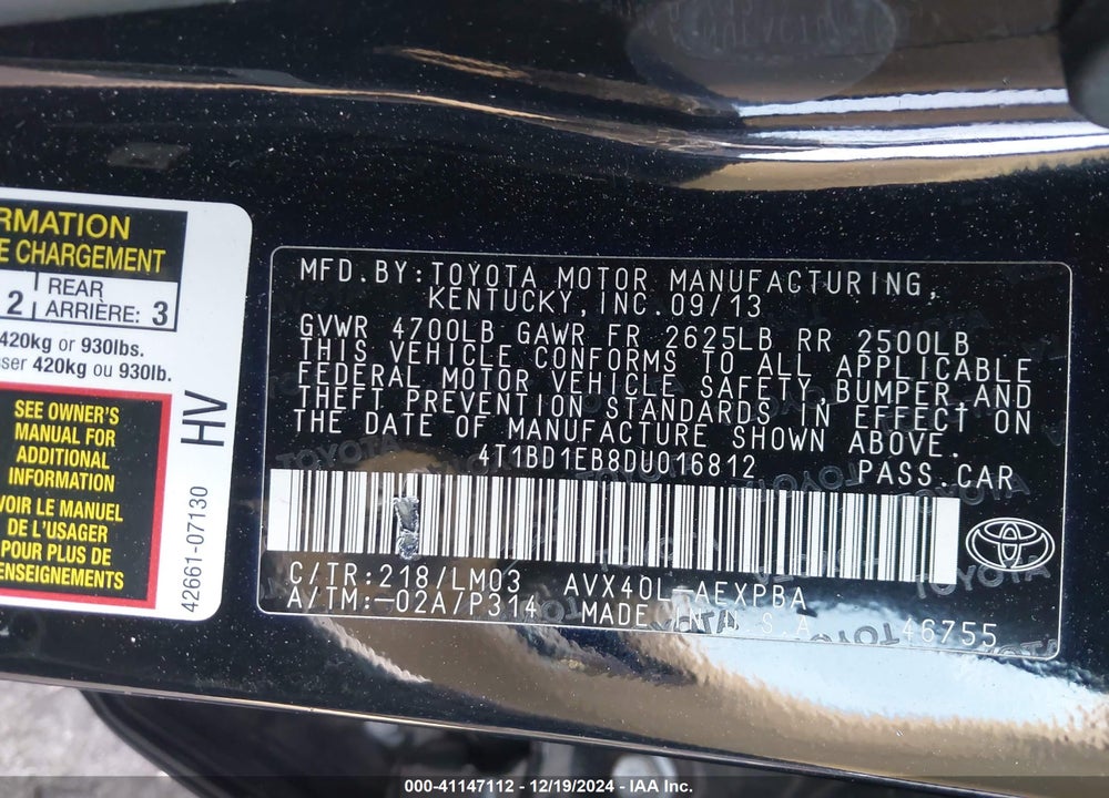 2013 TOYOTA AVALON HYBRID LIMITED VIN: 4T1BD1EB8DU016812