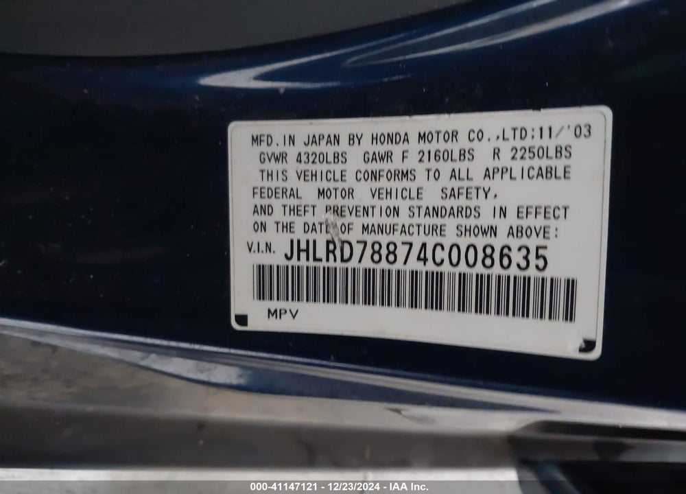 2004 HONDA CR-V EX VIN: JHLRD78874C008635