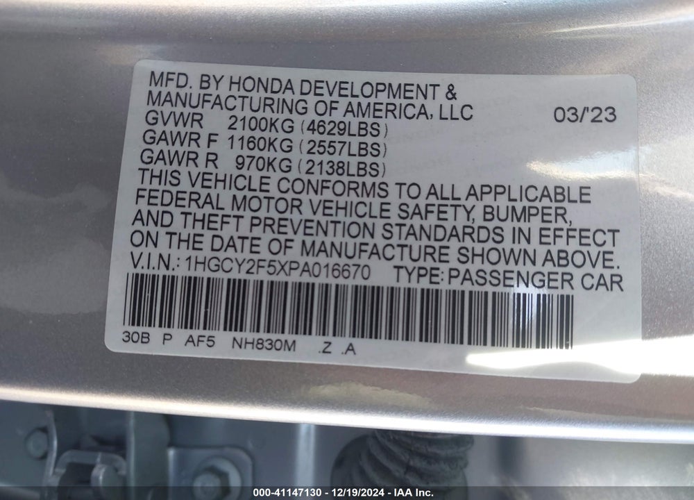 2023 HONDA ACCORD VIN: 1HGCY2F5XPA016670