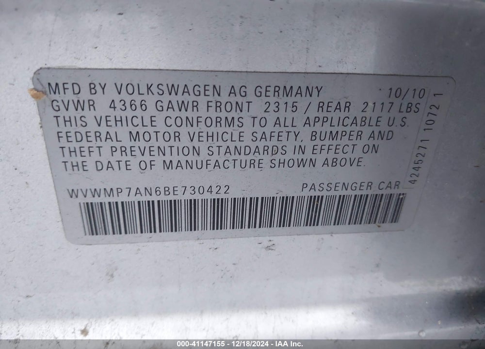 2011 VOLKSWAGEN CC SPORT VIN: WVWMP7AN6BE730422