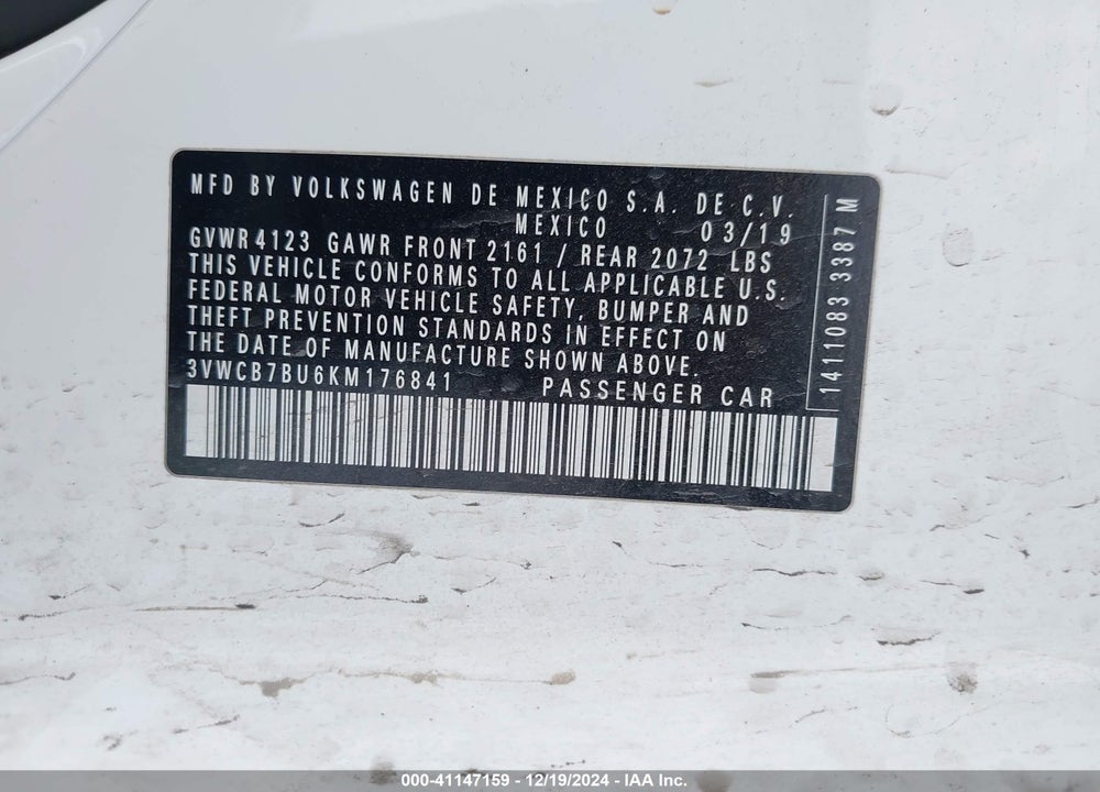 2019 VOLKSWAGEN JETTA 1.4T R-LINE/1.4T S/1.4T SE VIN: 3VWCB7BU6KM176841