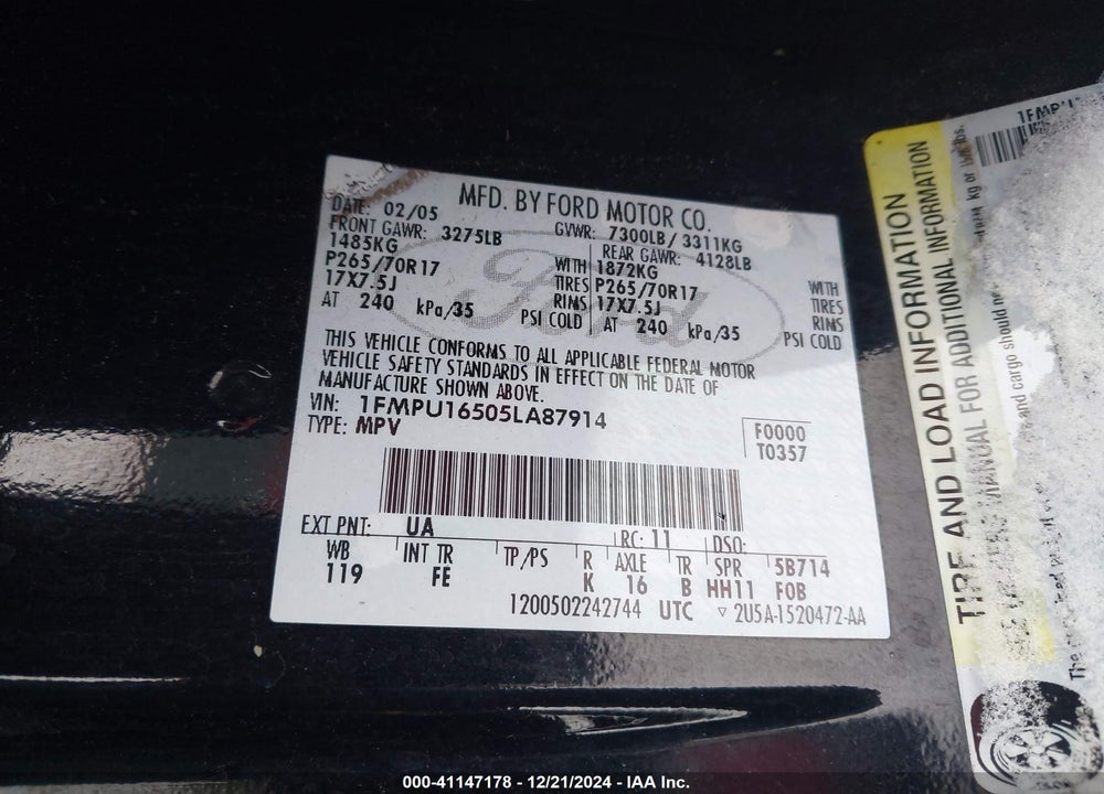 2005 FORD EXPEDITION NBX/XLT VIN: 1FMPU16505LA87914