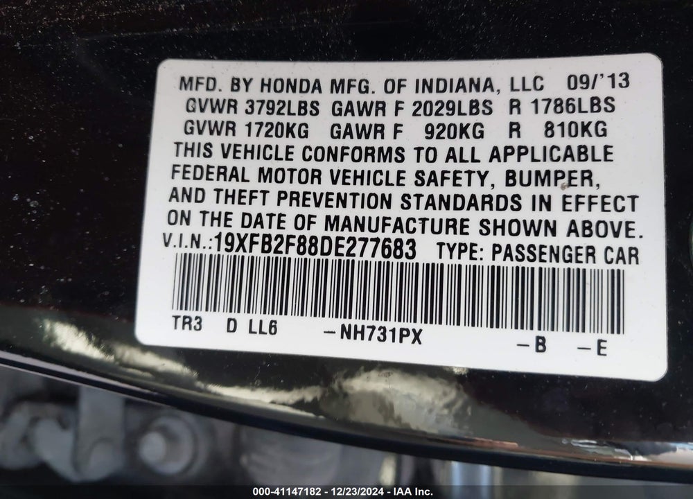 2013 HONDA CIVIC EX VIN: 19XFB2F88DE277683