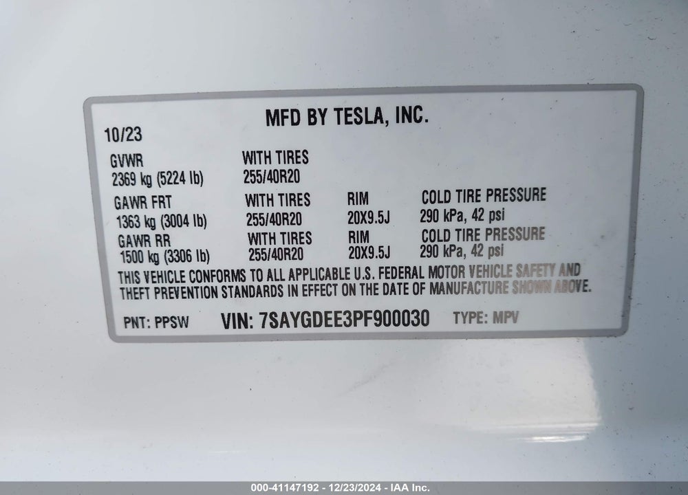 2023 TESLA MODEL Y VIN: 7SAYGDEE3PF900030