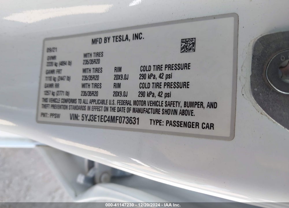 2021 TESLA MODEL 3 VIN: 5YJ3E1EC4MF073631