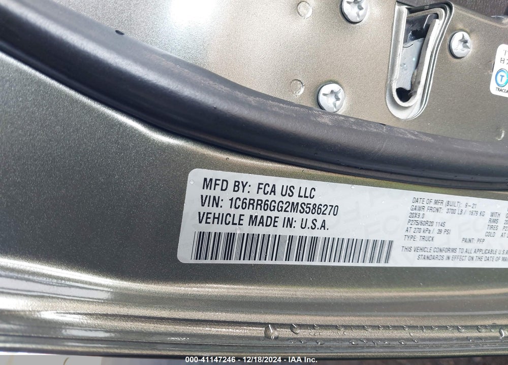 2021 RAM 1500 CLASSIC VIN: 1C6RR6GG2MS586270