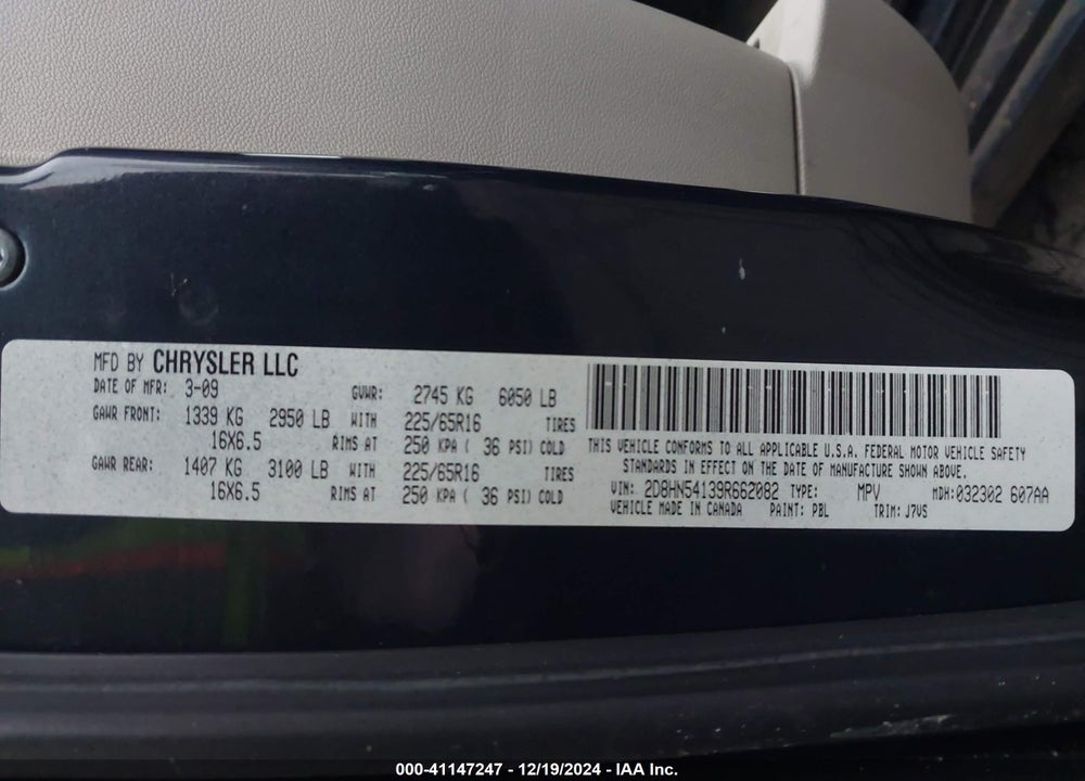 2009 DODGE GRAND CARAVAN SXT VIN: 2D8HN54139R662082