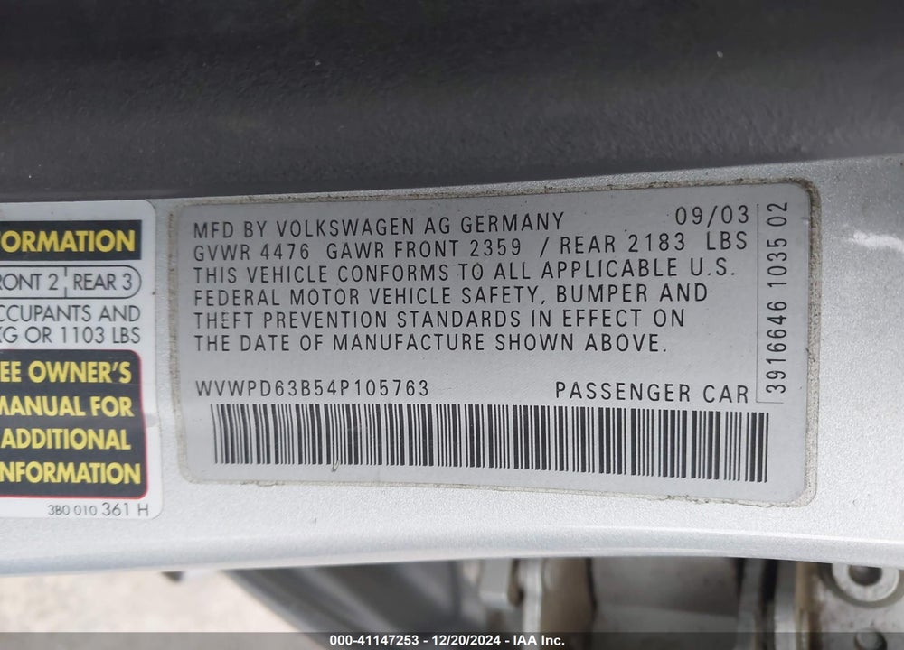 2004 VOLKSWAGEN PASSAT GLS VIN: WVWPD63B54P105763