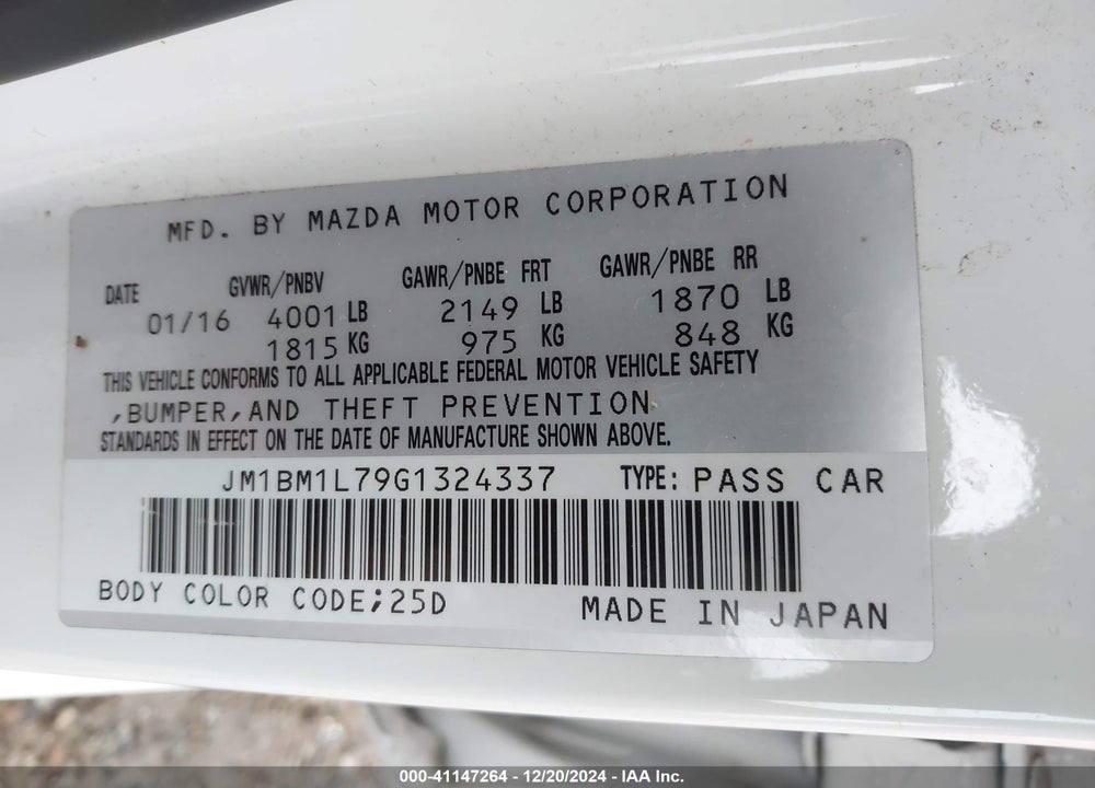 2016 MAZDA 3 I TOURING VIN: JM1BM1L79G1324337