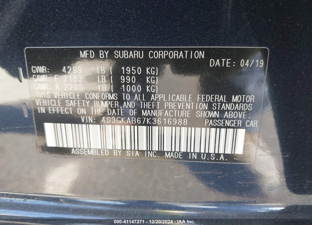 2019 SUBARU IMPREZA VIN: 4S3GKAB67K3616988