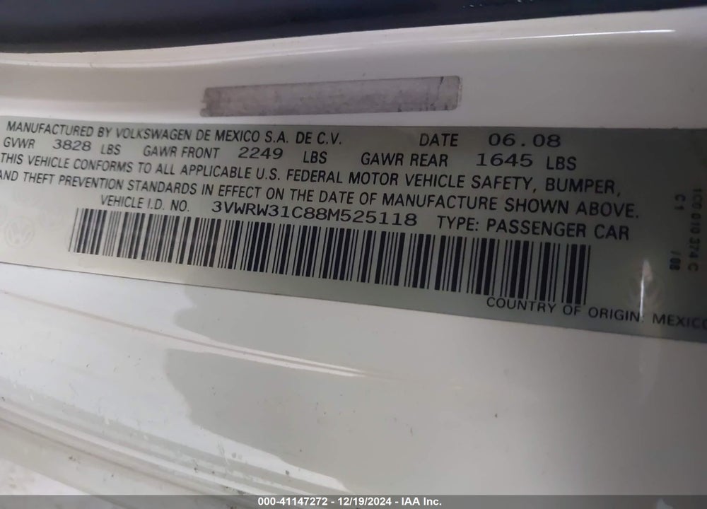 2008 VOLKSWAGEN NEW BEETLE S/SE VIN: 3VWRW31C88M525118