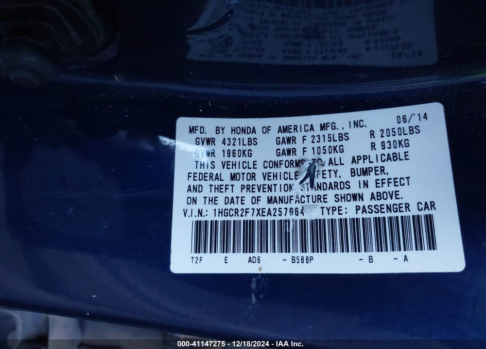 2014 HONDA ACCORD VIN: 1HGCR2F7XEA257964
