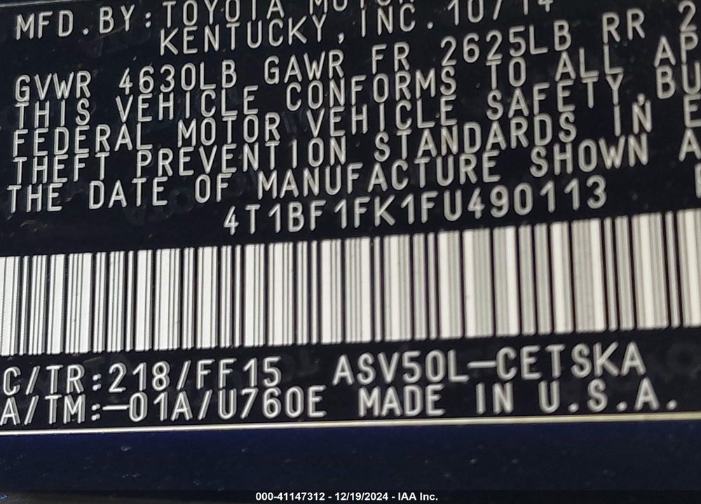 2015 TOYOTA CAMRY SE VIN: 4T1BF1FK1FU490113