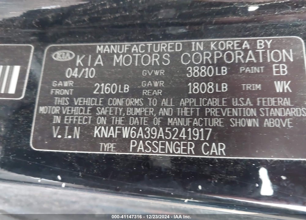 2010 KIA FORTE VIN: KNAFW6A39A5241917