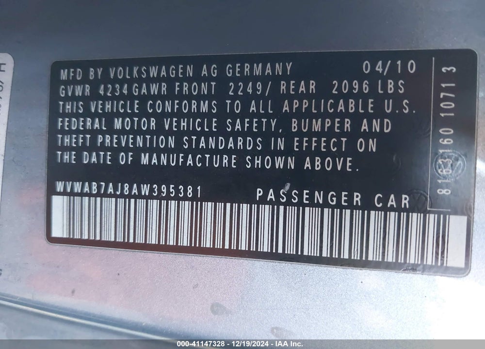 2010 VOLKSWAGEN GOLF 2-DOOR VIN: WVWAB7AJ8AW395381