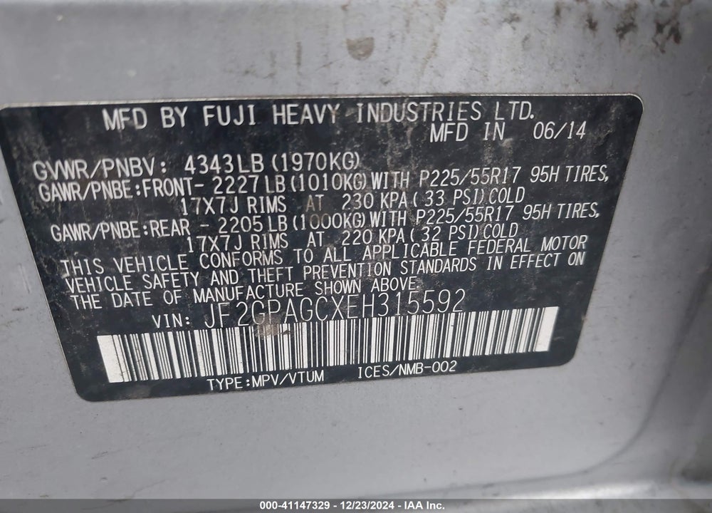 2014 SUBARU XV CROSSTREK 2.0I LIMITED VIN: JF2GPAGCXEH315592