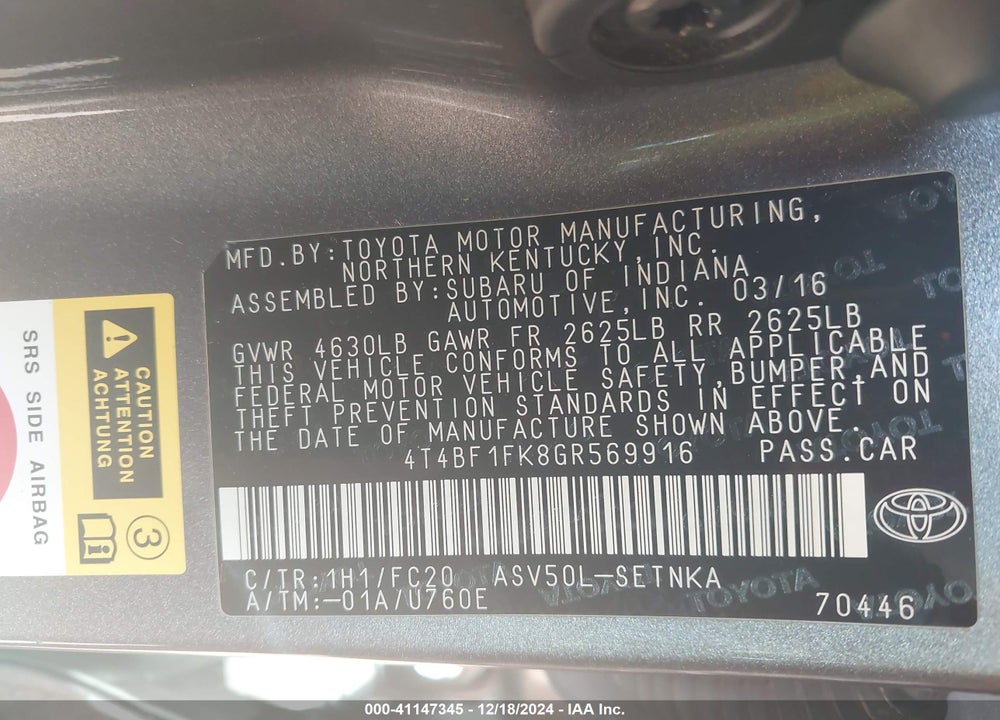 2016 TOYOTA CAMRY VIN: 4T4BF1FK8GR569916