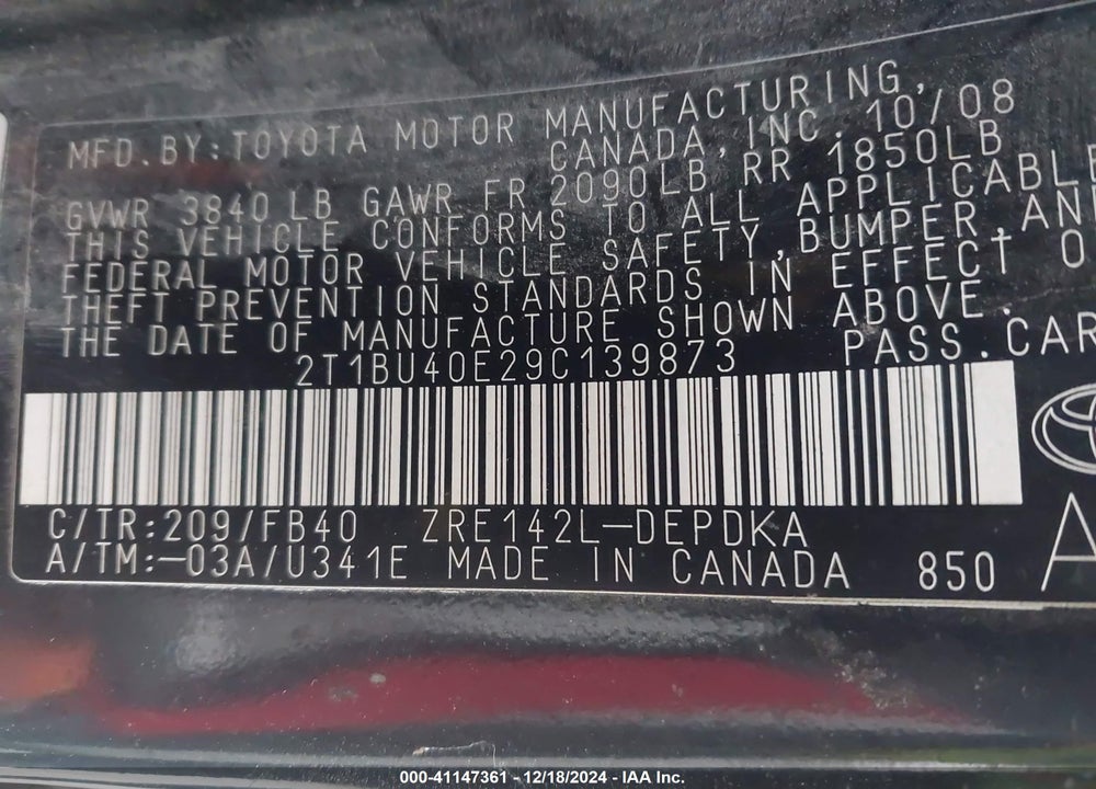 2009 TOYOTA COROLLA LE VIN: 2T1BU40E29C139873