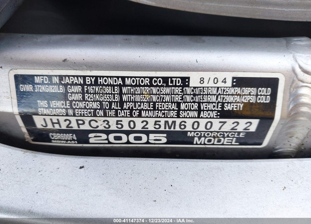 2005 HONDA CBR600 F4 VIN: JH2PC35025M600722