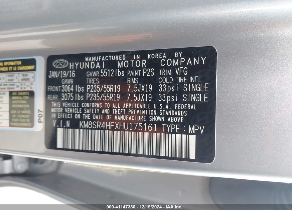 2017 HYUNDAI SANTA FE LIMITED ULTIMATE VIN: KM8SR4HFXHU175161