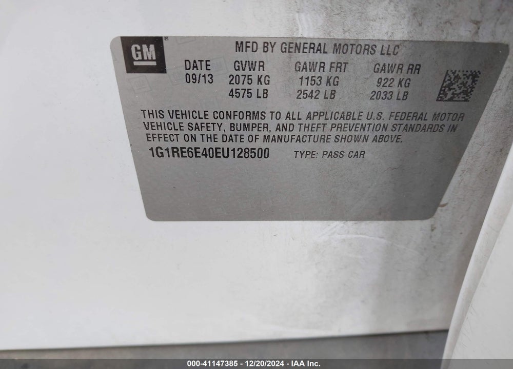 2014 CHEVROLET VOLT VIN: 1G1RE6E40EU128500