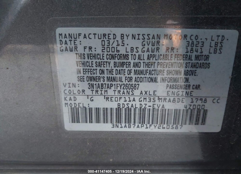 2015 NISSAN SENTRA SV VIN: 3N1AB7AP1FY260587