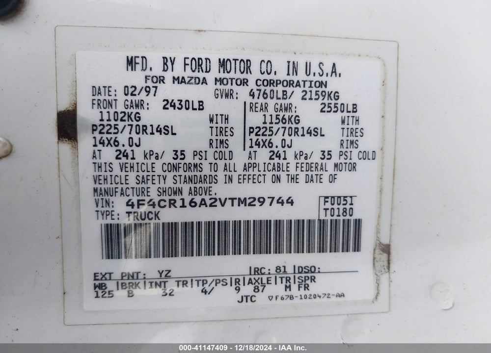 1997 MAZDA B2300 SE VIN: 4F4CR16A2VTM29744