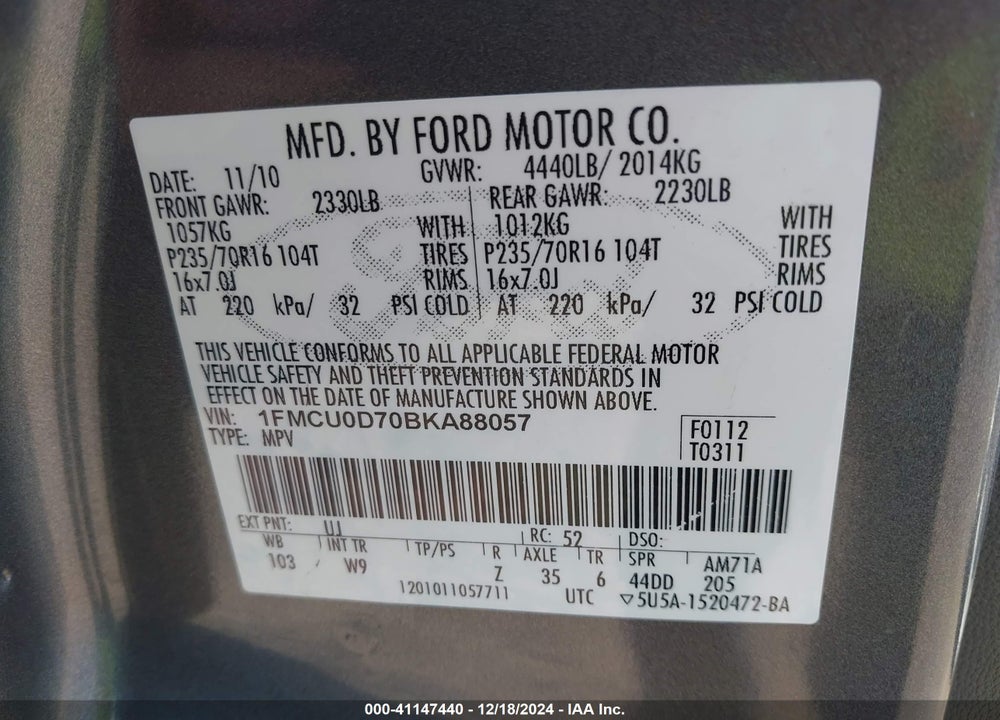 2011 FORD ESCAPE XLT VIN: 1FMCU0D70BKA88057