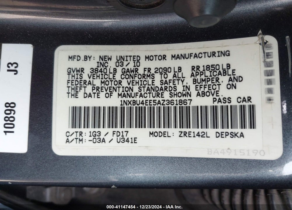 2010 TOYOTA COROLLA S VIN: 1NXBU4EE5AZ361867