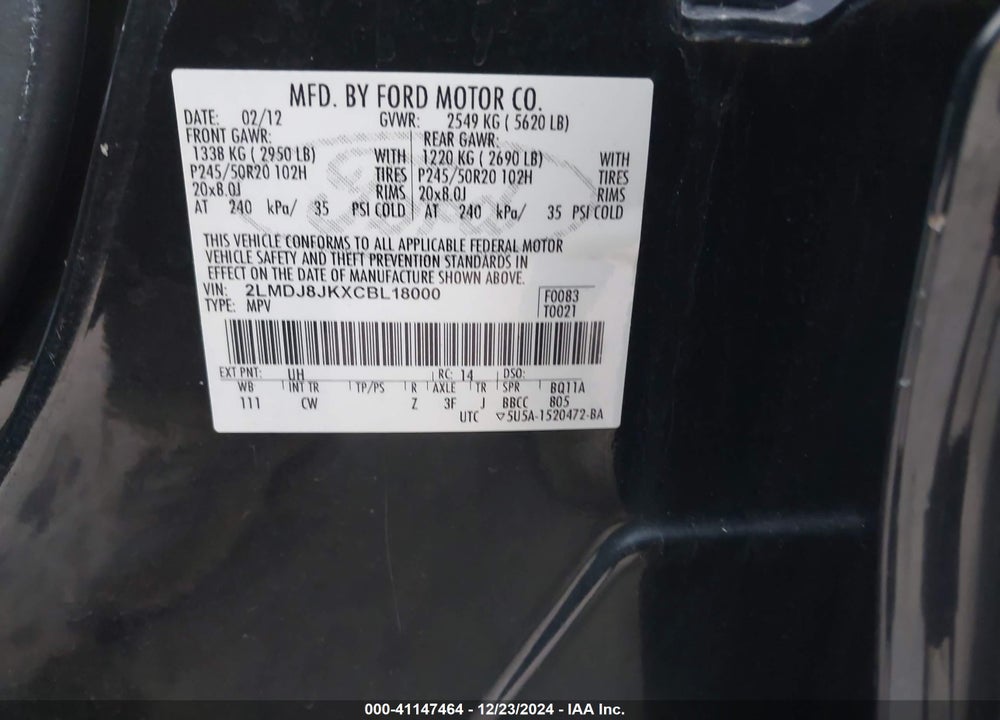 2012 LINCOLN MKX VIN: 2LMDJ8JKXCBL18000