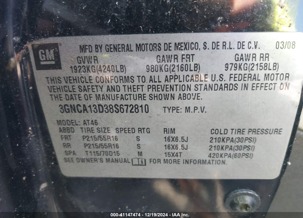 2008 CHEVROLET HHR LS VIN: 3GNCA13D38S672810